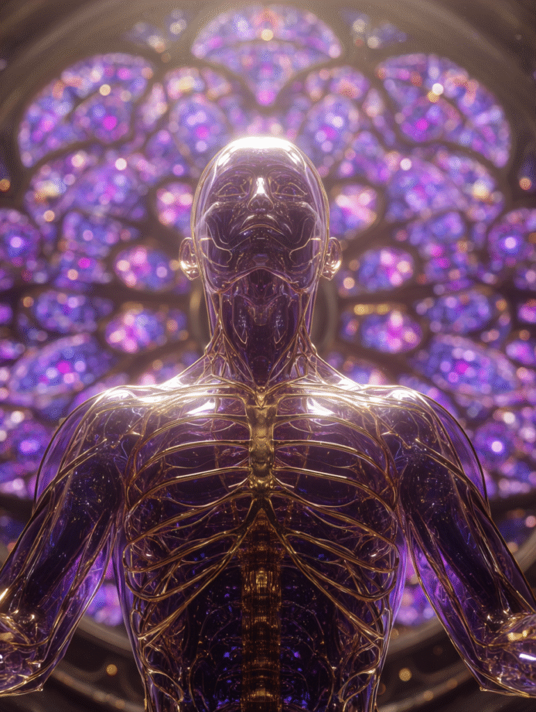 Figura meditativa luminosa con energía púrpura”