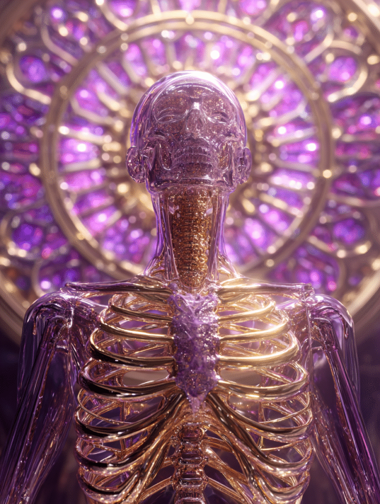 Figura meditativa luminosa con energía púrpura”