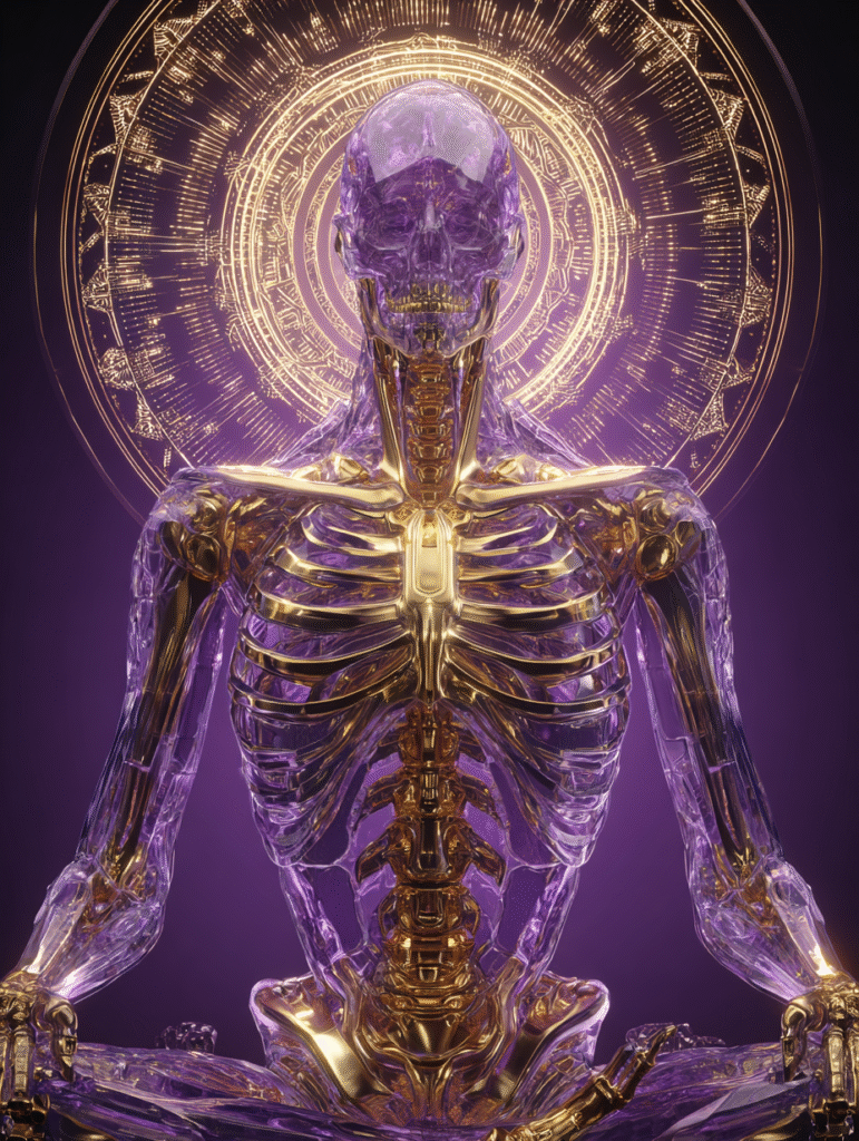 Figura meditativa luminosa con energía púrpura”